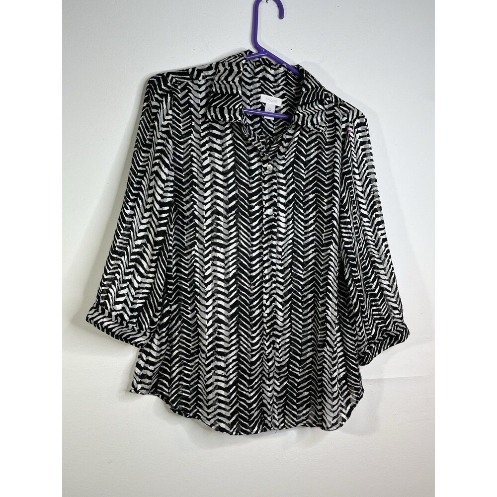 Chicos 0 XS Chevron Abstract Zebra Sheer Button Up Blouse 3/4 Sleeves Collar